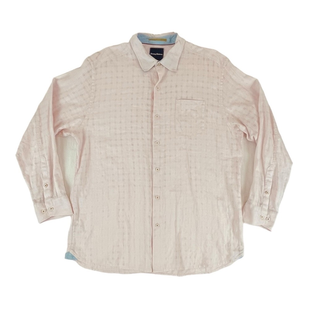 Tommy Bahama Mens Large Pink White Plaid Linen Blend Long Sleeve Button Shirt